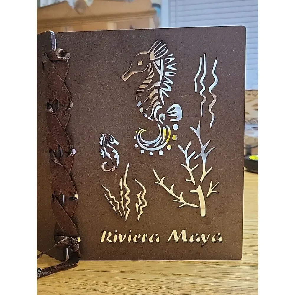 Laser Cut Seahorse Wooden Ribbon Bound Journal Handmade Paper Made In Mexico